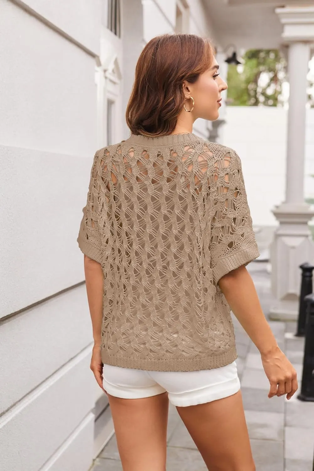 GRACE KARIN Women's 2025 Spring Summer Crochet Tops Scoop Neck Pullover Sweater Short Sleeve Off Shoulder Knit Beach Coverup