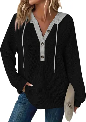 Gumipy Women Oversized Hoodie Sweatshirt Button Up Waffle V Neck Sweaters Hoodies Trendy Drawstring Long Sleeve Pullover Tops