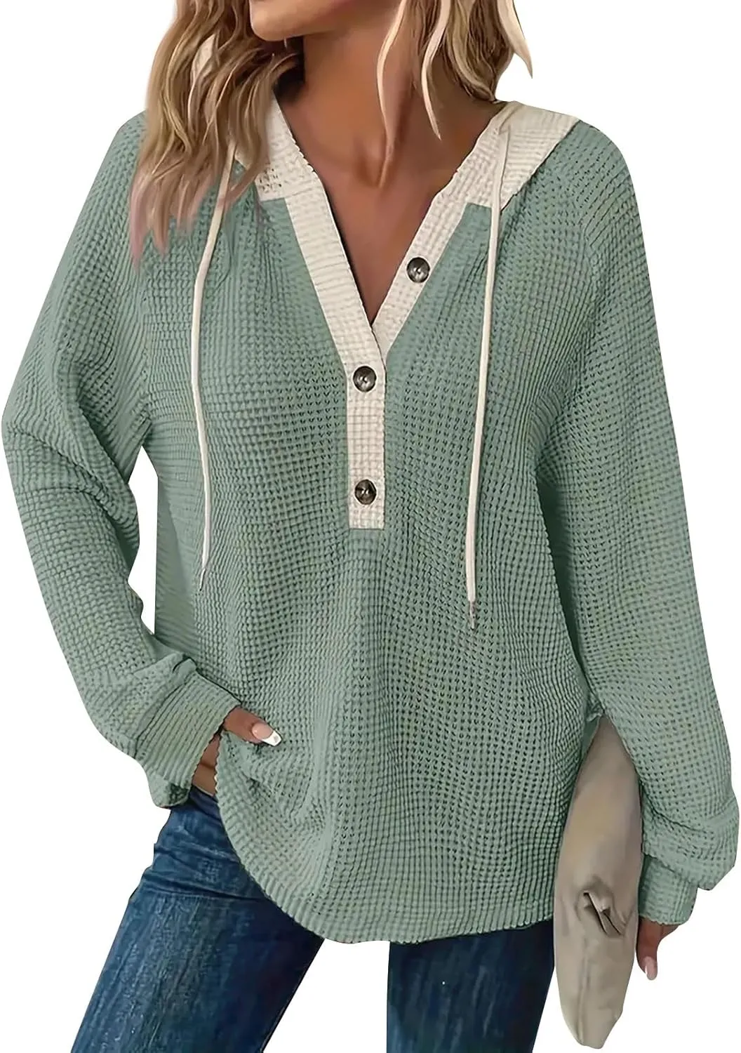 Gumipy Women Oversized Hoodie Sweatshirt Button Up Waffle V Neck Sweaters Hoodies Trendy Drawstring Long Sleeve Pullover Tops