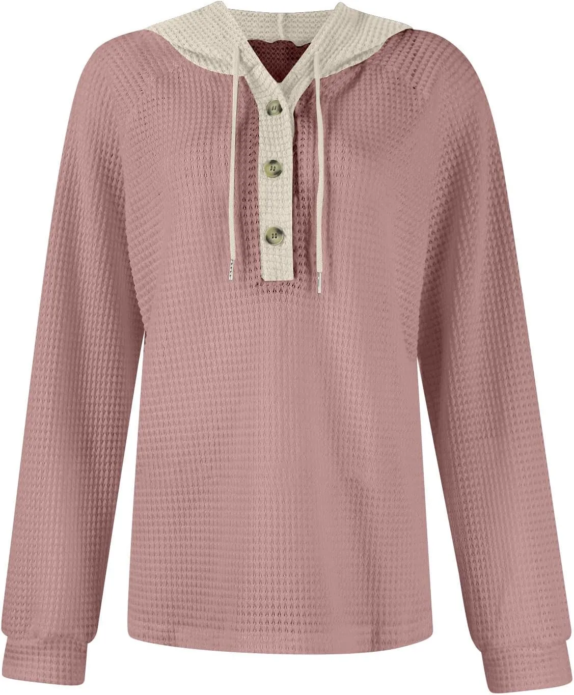 Gumipy Women Oversized Hoodie Sweatshirt Button Up Waffle V Neck Sweaters Hoodies Trendy Drawstring Long Sleeve Pullover Tops