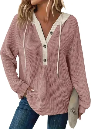 Gumipy Women Oversized Hoodie Sweatshirt Button Up Waffle V Neck Sweaters Hoodies Trendy Drawstring Long Sleeve Pullover Tops