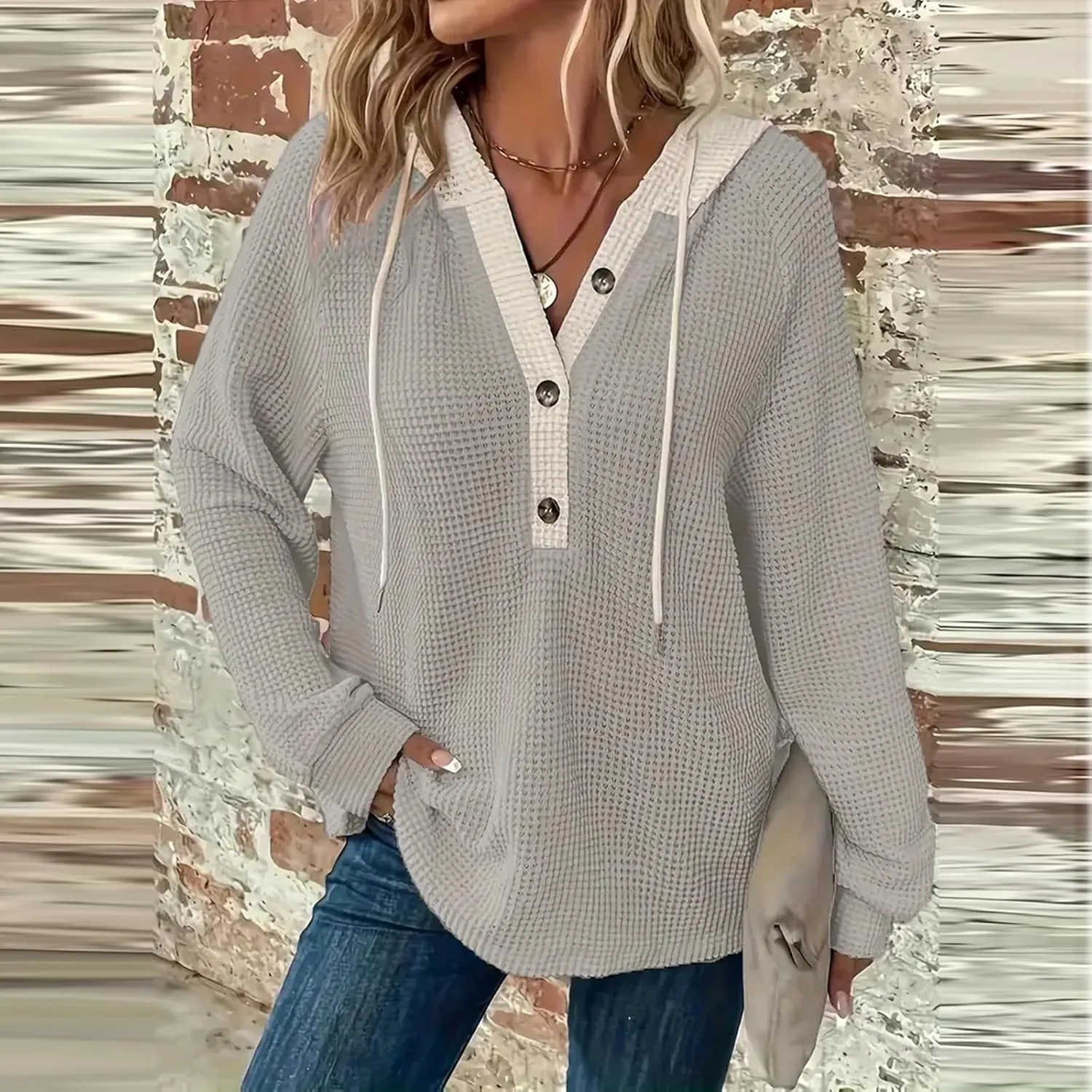 Gumipy Women Oversized Hoodie Sweatshirt Button Up Waffle V Neck Sweaters Hoodies Trendy Drawstring Long Sleeve Pullover Tops