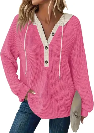 Gumipy Women Oversized Hoodie Sweatshirt Button Up Waffle V Neck Sweaters Hoodies Trendy Drawstring Long Sleeve Pullover Tops