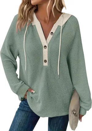 Gumipy Women Oversized Hoodie Sweatshirt Button Up Waffle V Neck Sweaters Hoodies Trendy Drawstring Long Sleeve Pullover Tops