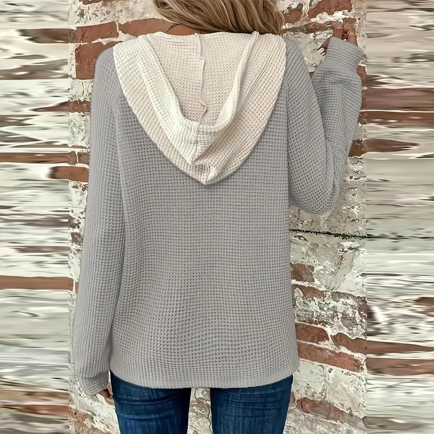 Gumipy Women Oversized Hoodie Sweatshirt Button Up Waffle V Neck Sweaters Hoodies Trendy Drawstring Long Sleeve Pullover Tops