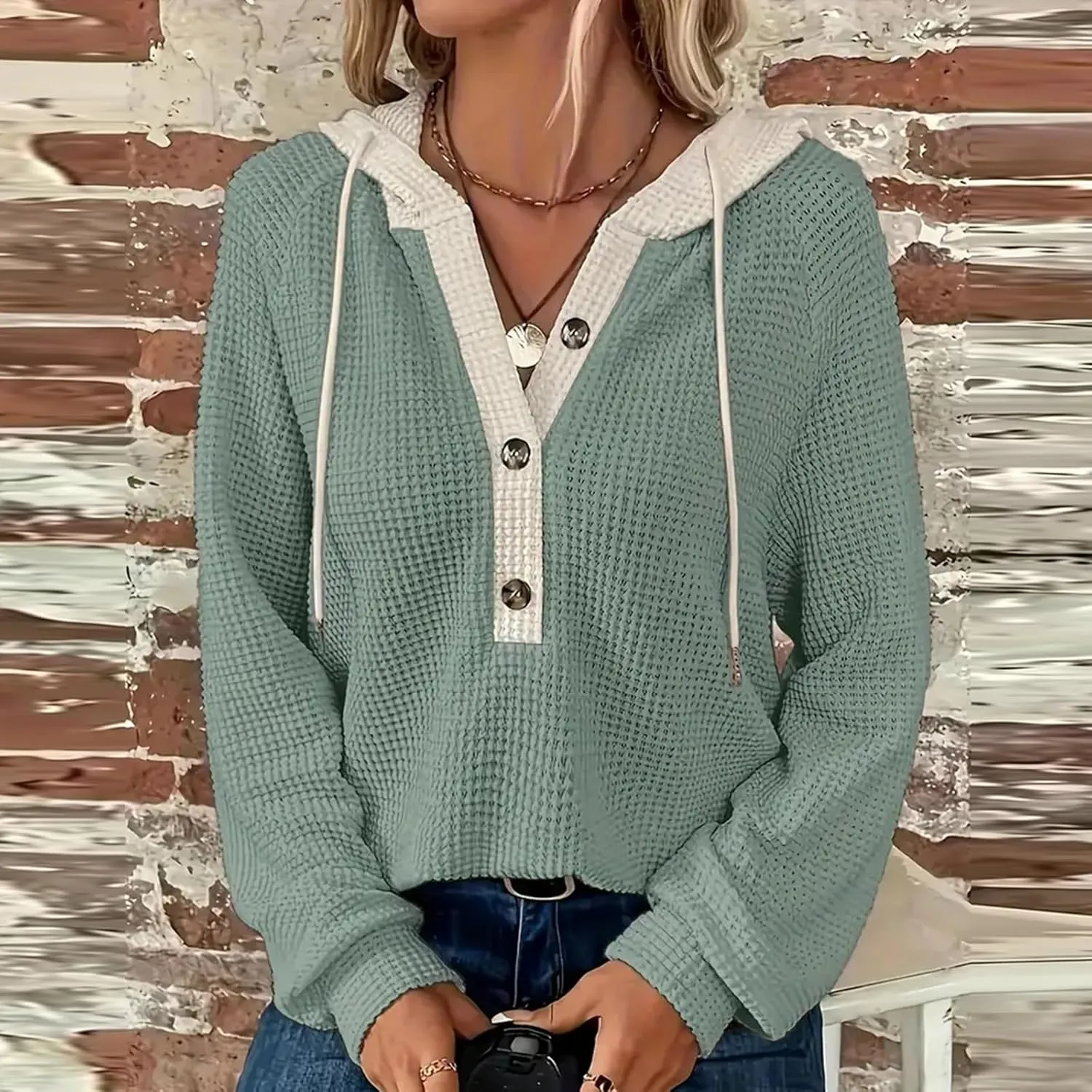 Gumipy Women Oversized Hoodie Sweatshirt Button Up Waffle V Neck Sweaters Hoodies Trendy Drawstring Long Sleeve Pullover Tops