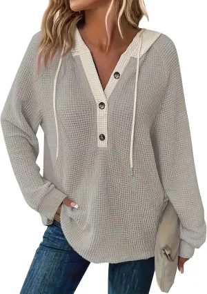 Gumipy Women Oversized Hoodie Sweatshirt Button Up Waffle V Neck Sweaters Hoodies Trendy Drawstring Long Sleeve Pullover Tops