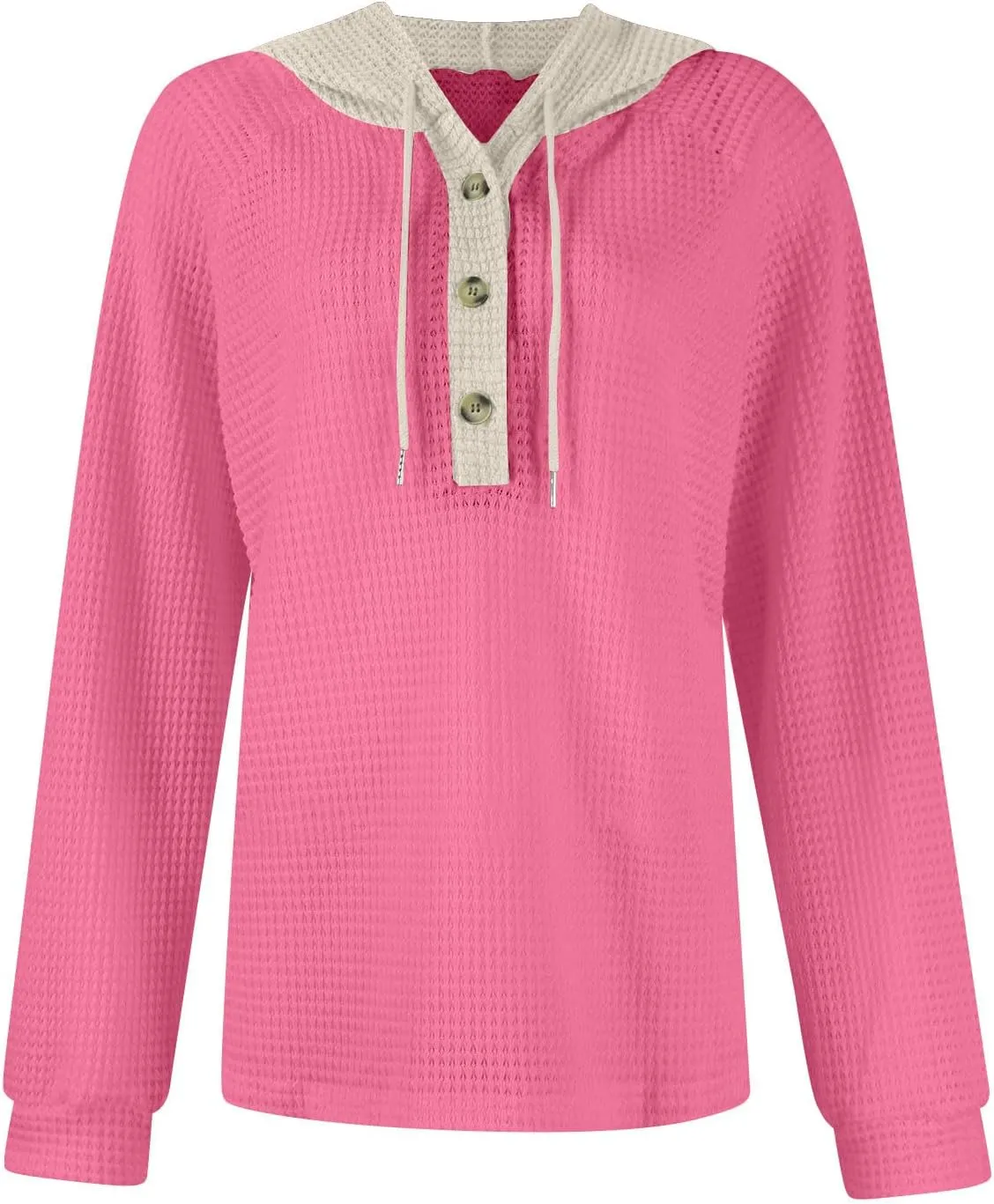 Gumipy Women Oversized Hoodie Sweatshirt Button Up Waffle V Neck Sweaters Hoodies Trendy Drawstring Long Sleeve Pullover Tops