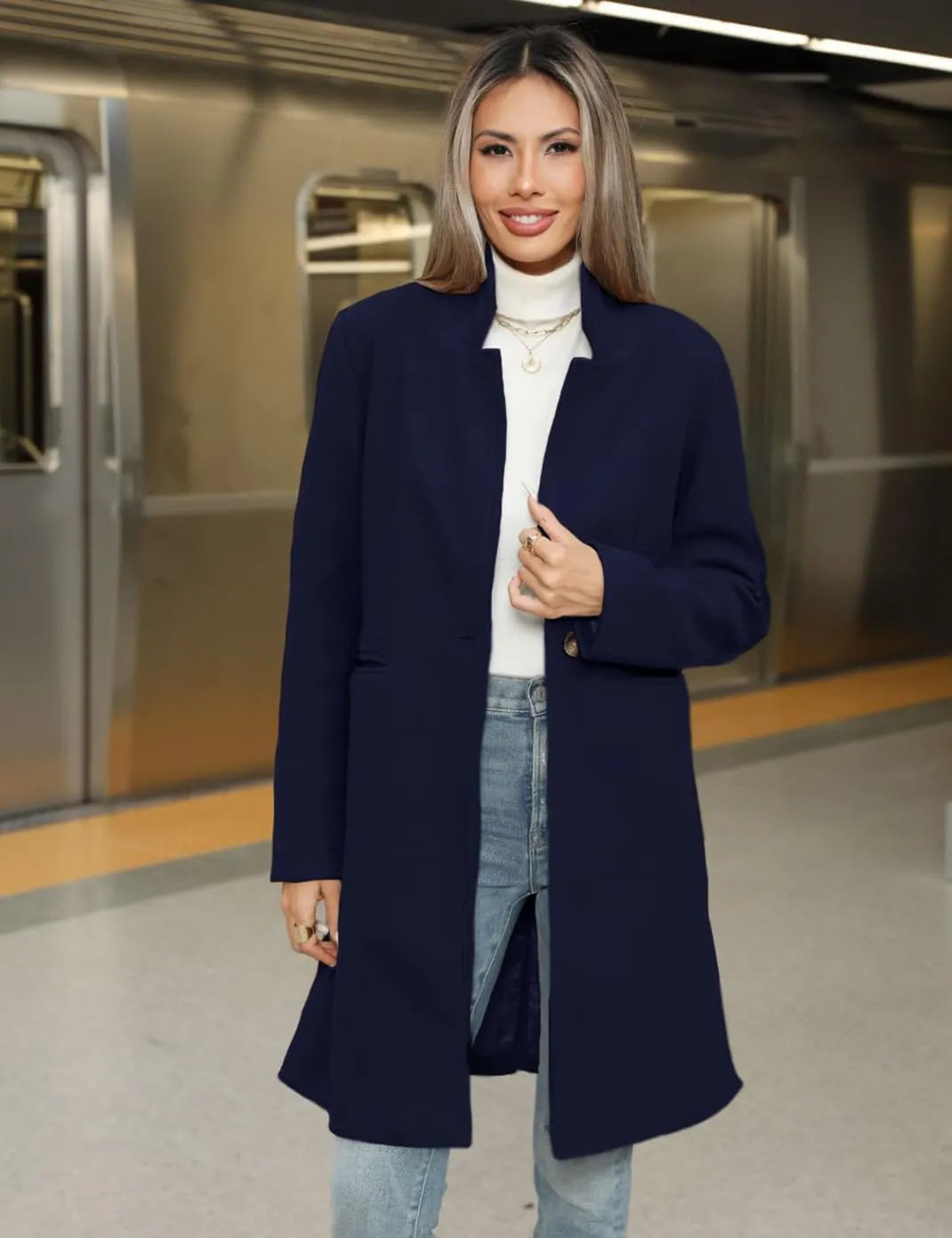 Haellun Women's Stand Collar Pea Coat Notch Lapel Coat Trench Coats Open Front Overcoat Outerwear