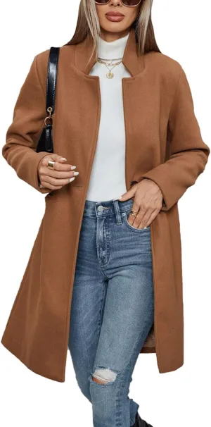Haellun Women's Stand Collar Pea Coat Notch Lapel Coat Trench Coats Open Front Overcoat Outerwear