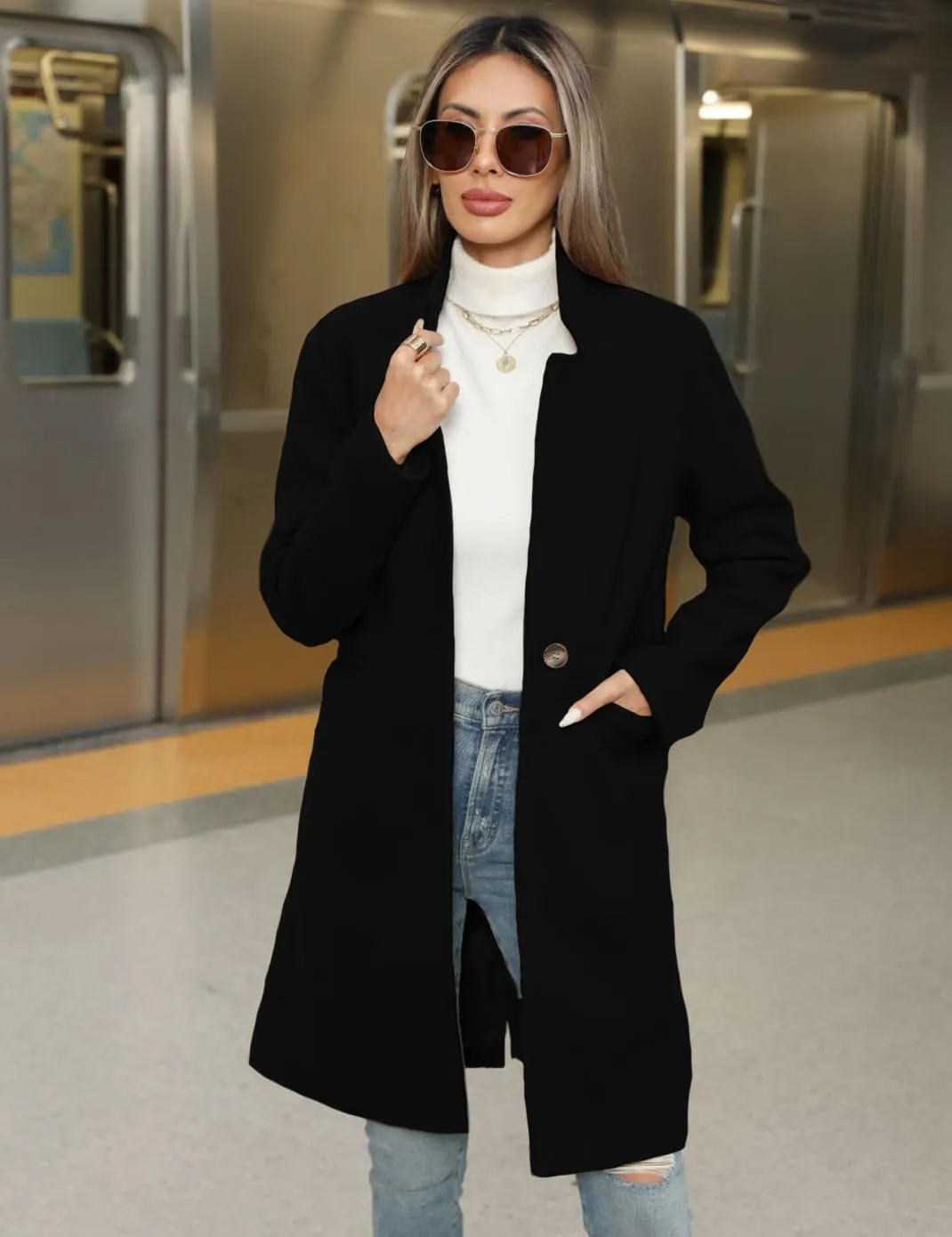 Haellun Women's Stand Collar Pea Coat Notch Lapel Coat Trench Coats Open Front Overcoat Outerwear