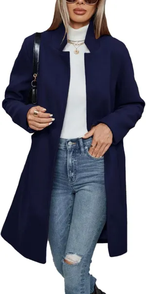 Haellun Women's Stand Collar Pea Coat Notch Lapel Coat Trench Coats Open Front Overcoat Outerwear