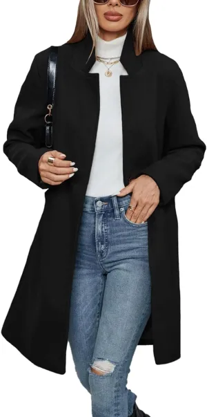 Haellun Women's Stand Collar Pea Coat Notch Lapel Coat Trench Coats Open Front Overcoat Outerwear