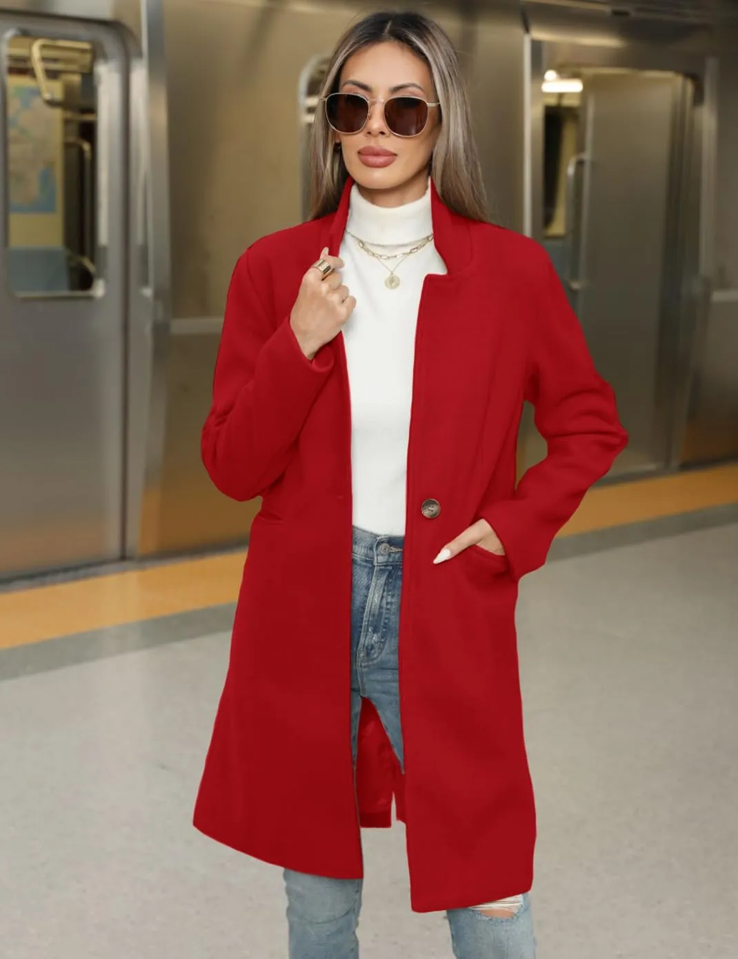 Haellun Women's Stand Collar Pea Coat Notch Lapel Coat Trench Coats Open Front Overcoat Outerwear