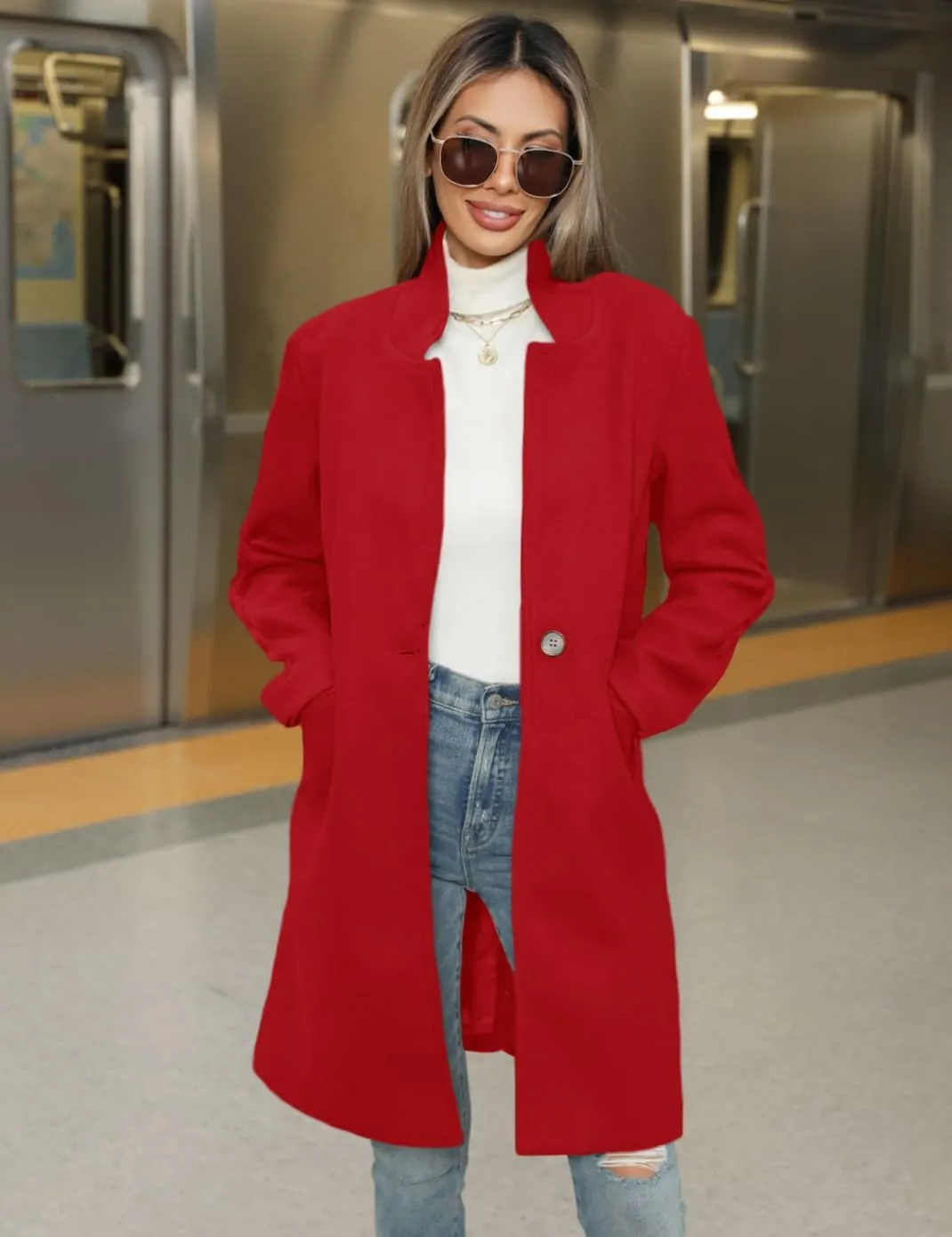 Haellun Women's Stand Collar Pea Coat Notch Lapel Coat Trench Coats Open Front Overcoat Outerwear