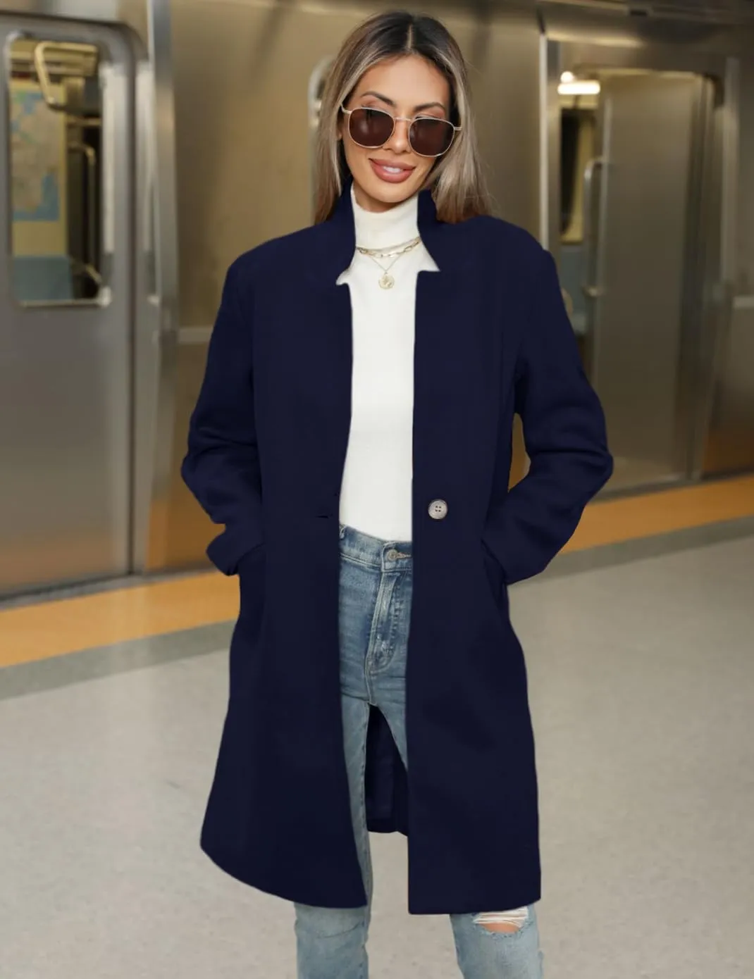 Haellun Women's Stand Collar Pea Coat Notch Lapel Coat Trench Coats Open Front Overcoat Outerwear
