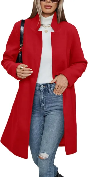Haellun Women's Stand Collar Pea Coat Notch Lapel Coat Trench Coats Open Front Overcoat Outerwear