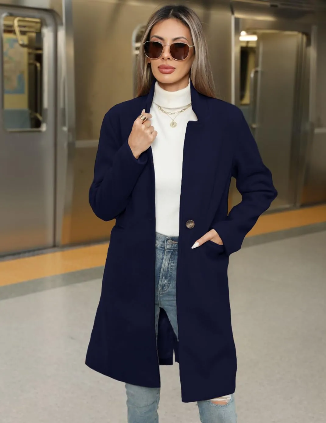 Haellun Women's Stand Collar Pea Coat Notch Lapel Coat Trench Coats Open Front Overcoat Outerwear