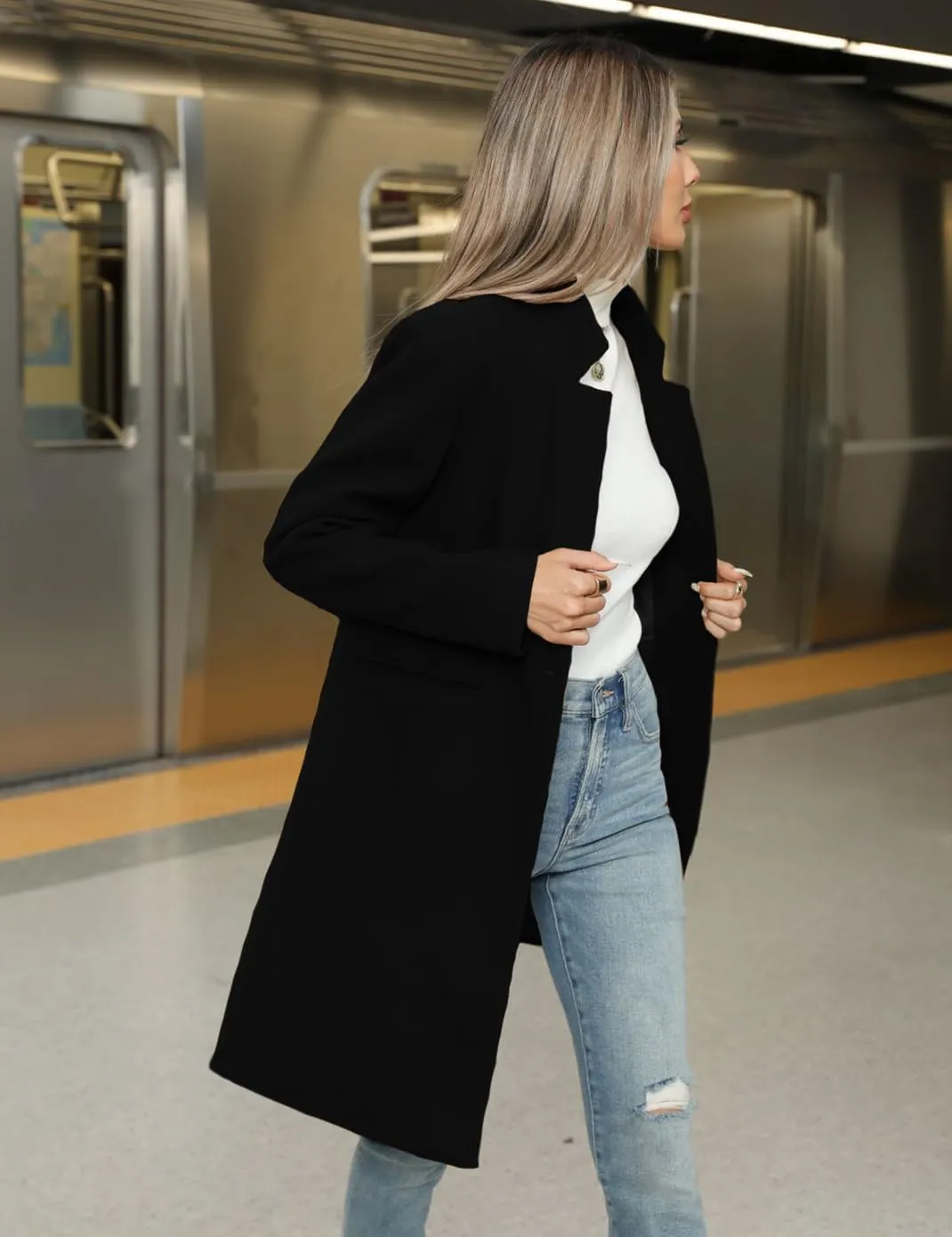 Haellun Women's Stand Collar Pea Coat Notch Lapel Coat Trench Coats Open Front Overcoat Outerwear