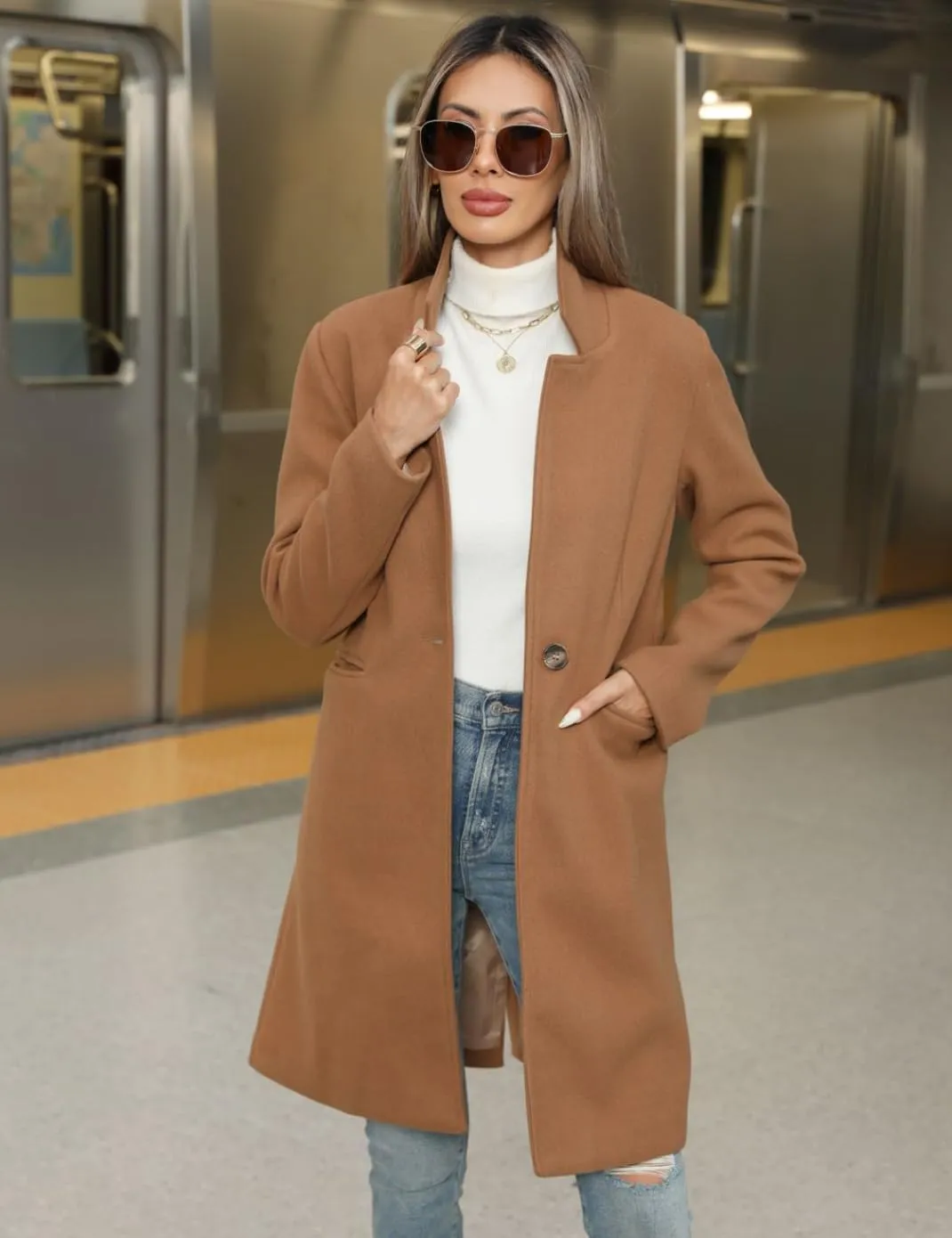 Haellun Women's Stand Collar Pea Coat Notch Lapel Coat Trench Coats Open Front Overcoat Outerwear
