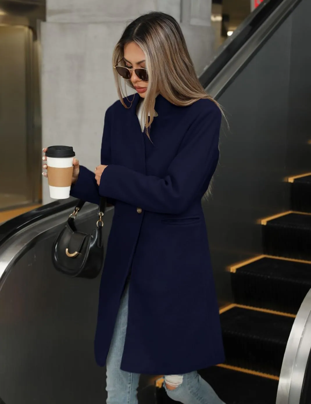 Haellun Women's Stand Collar Pea Coat Notch Lapel Coat Trench Coats Open Front Overcoat Outerwear