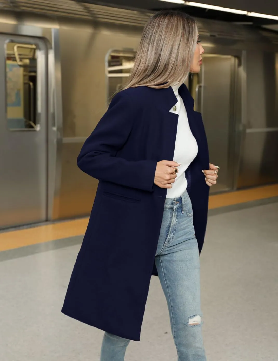 Haellun Women's Stand Collar Pea Coat Notch Lapel Coat Trench Coats Open Front Overcoat Outerwear