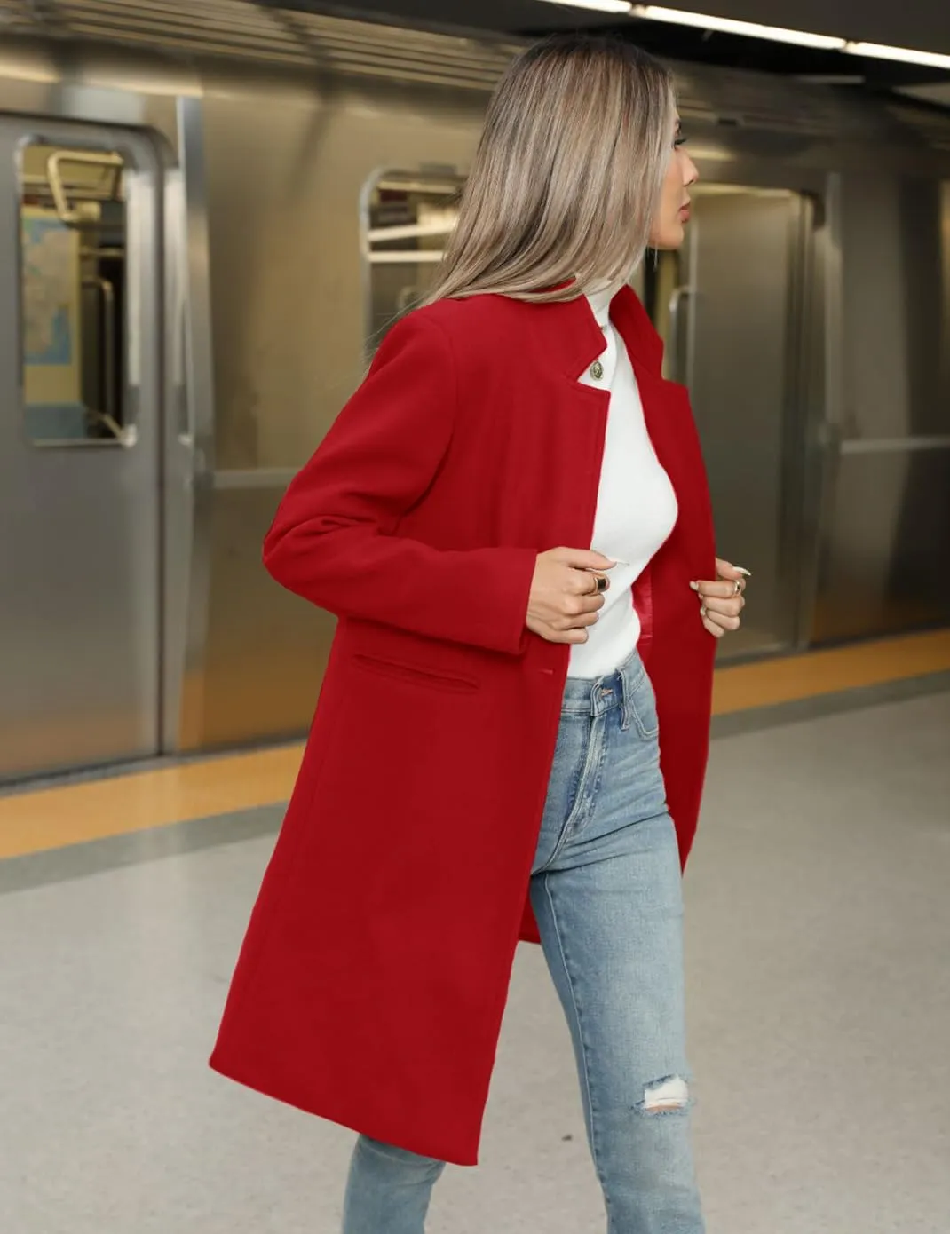 Haellun Women's Stand Collar Pea Coat Notch Lapel Coat Trench Coats Open Front Overcoat Outerwear