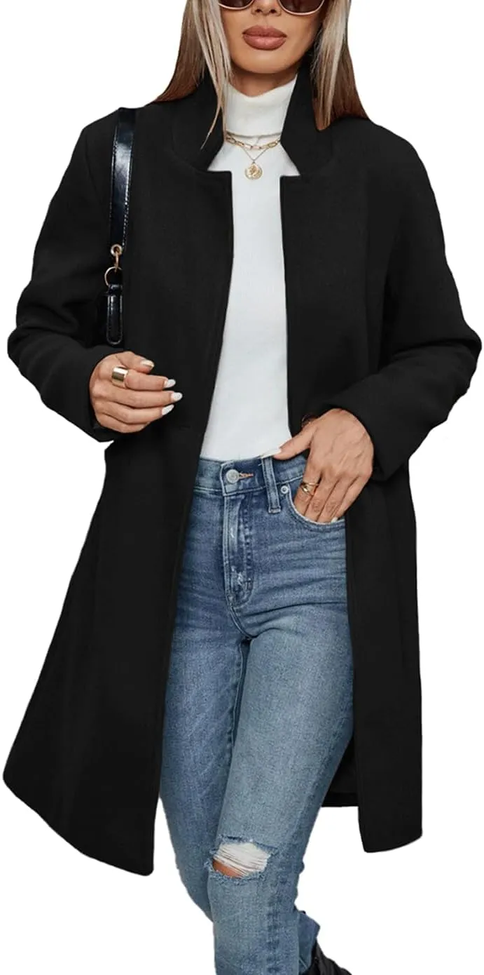 Haellun Women's Stand Collar Pea Coat Notch Lapel Coat Trench Coats Open Front Overcoat Outerwear