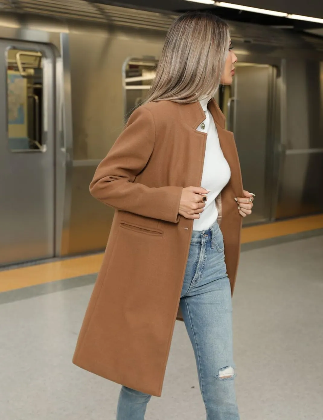 Haellun Women's Stand Collar Pea Coat Notch Lapel Coat Trench Coats Open Front Overcoat Outerwear