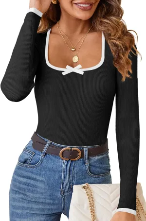HAEOF Womens 2025 Fall Long Sleeve Ribbed Knit Sweaters Dressy Casual Square Neck Slim Fit Shirts Cute Trendy Tops