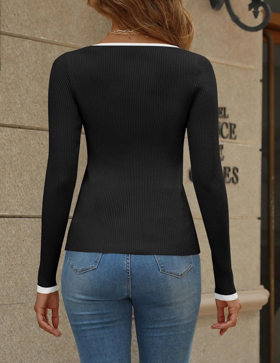 HAEOF Womens 2025 Fall Long Sleeve Ribbed Knit Sweaters Dressy Casual Square Neck Slim Fit Shirts Cute Trendy Tops