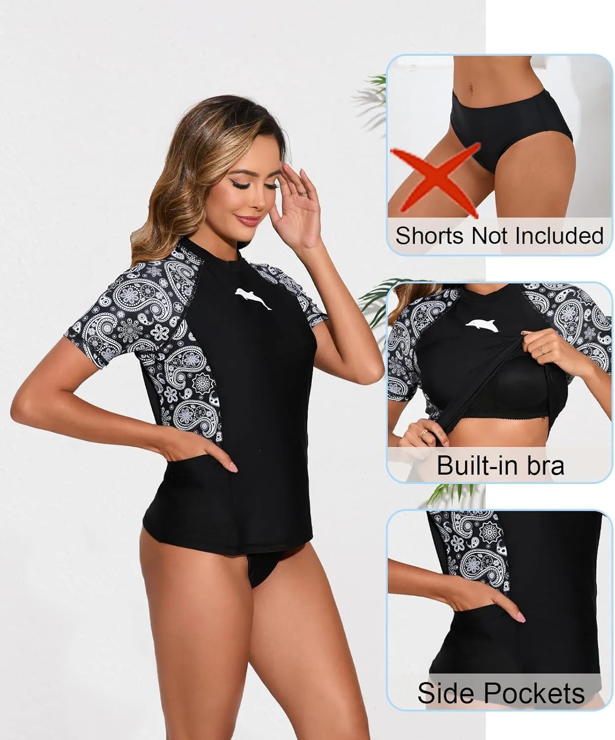 Halcurt Women's Short Sleeve Rash Guard Top with Built in Bra Side Pockets Swim Shirts UPF50  Swimsuit