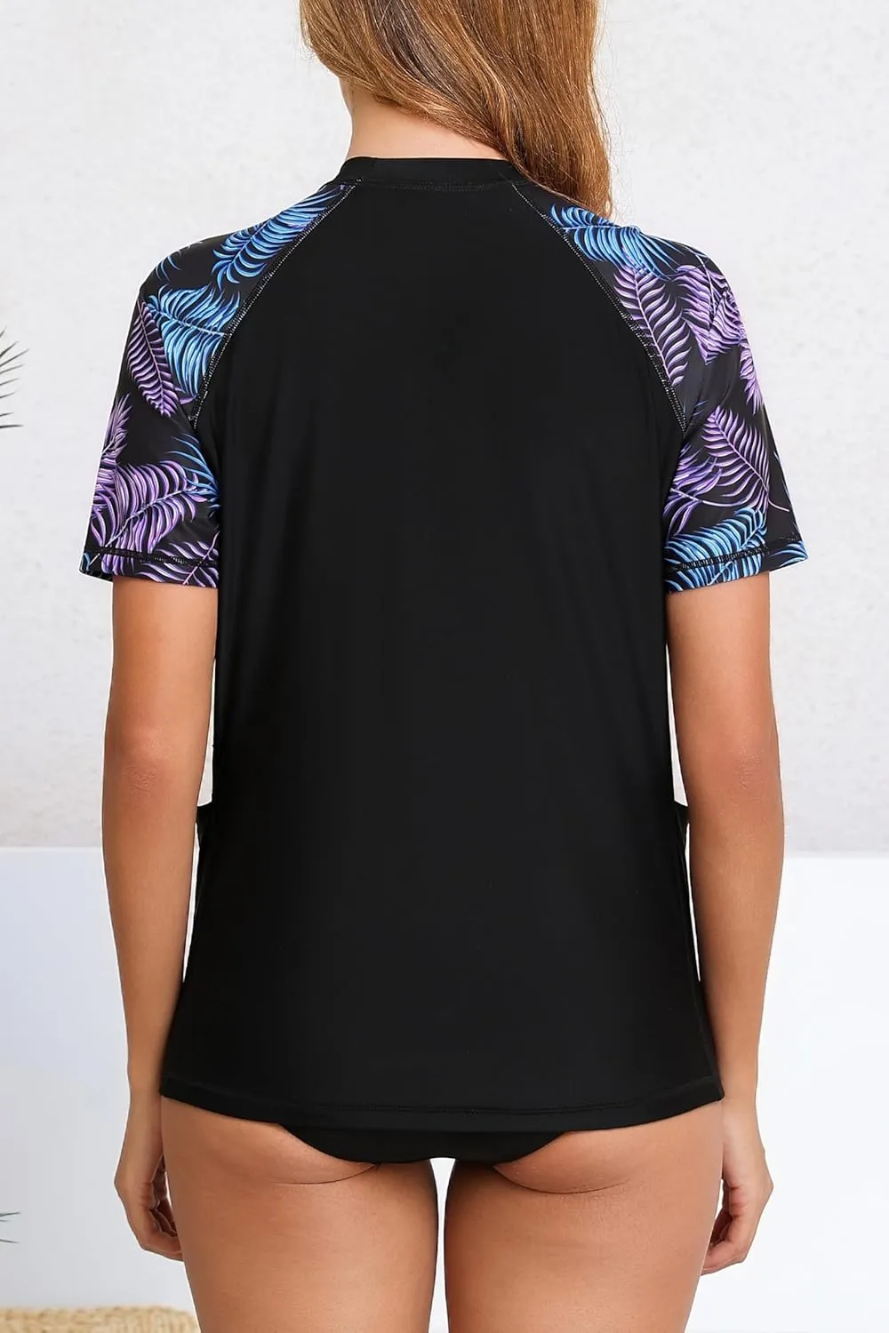 Halcurt Women's Short Sleeve Rash Guard Top with Built in Bra Side Pockets Swim Shirts UPF50  Swimsuit