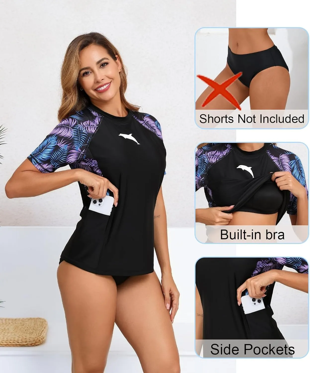 Halcurt Women's Short Sleeve Rash Guard Top with Built in Bra Side Pockets Swim Shirts UPF50  Swimsuit