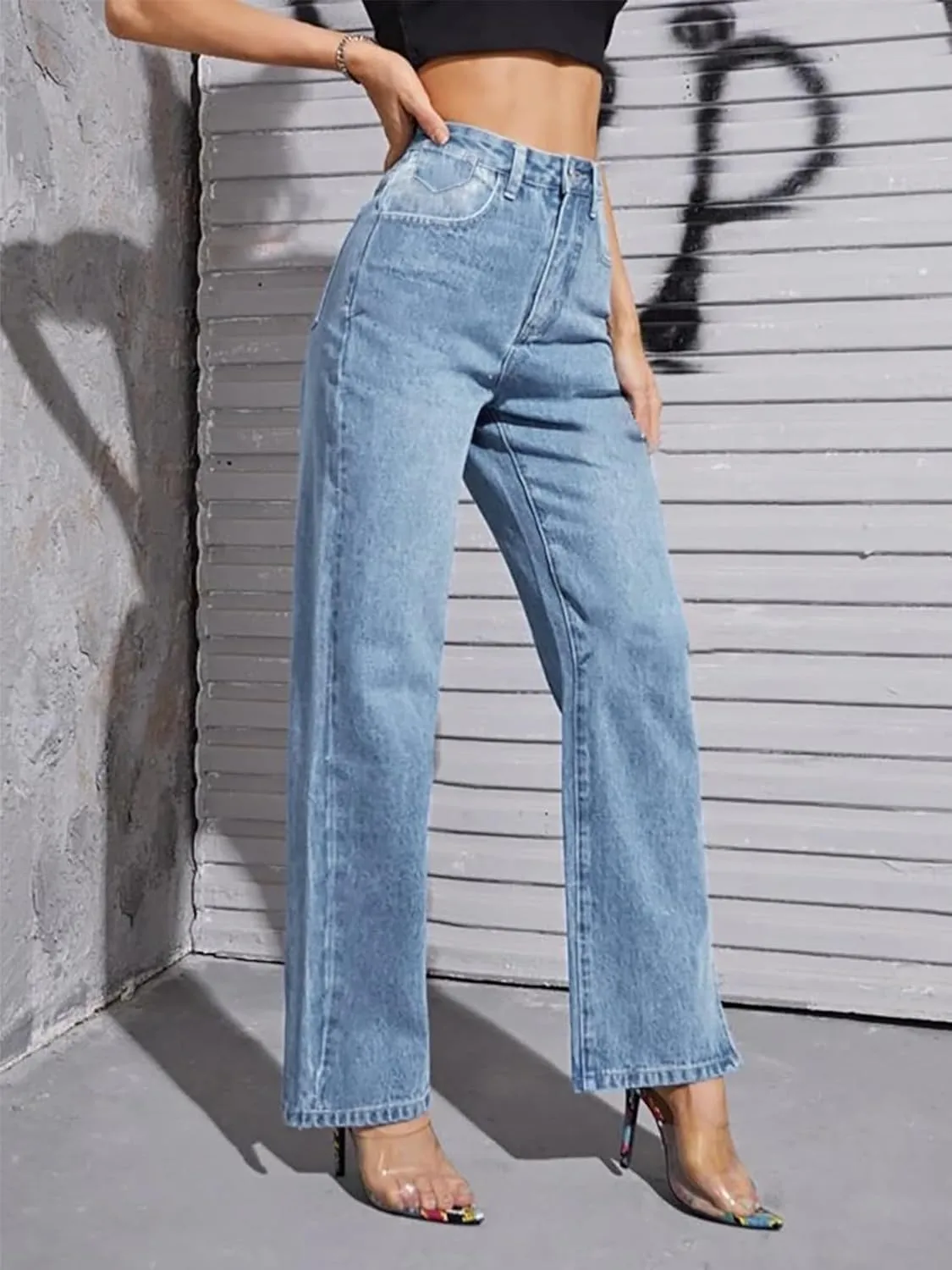 HDLTE Women Ripped Boyfriends Jeans Distressed High Waist Baggy Denim Pants Wide Leg Straight Trousers Y2k Streetwear Pants