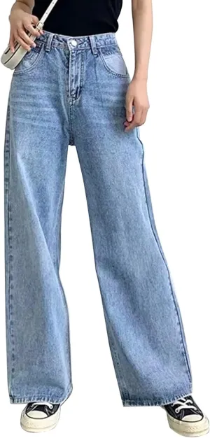 HDLTE Women Ripped Boyfriends Jeans Distressed High Waist Baggy Denim Pants Wide Leg Straight Trousers Y2k Streetwear Pants