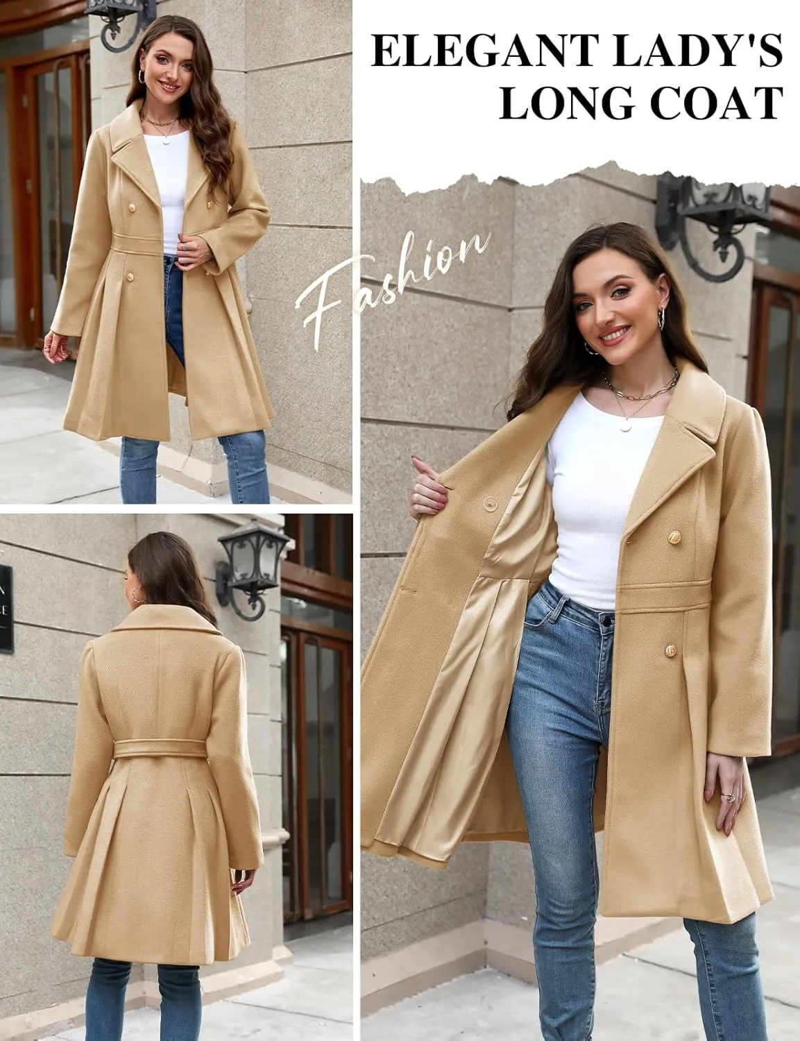 HEEKPEK Womens Wool Blend Trench Coat Slim Double Breasted Notch Lapel Pea Coat Thick A Line Jacket with Pockets(S-XXL)