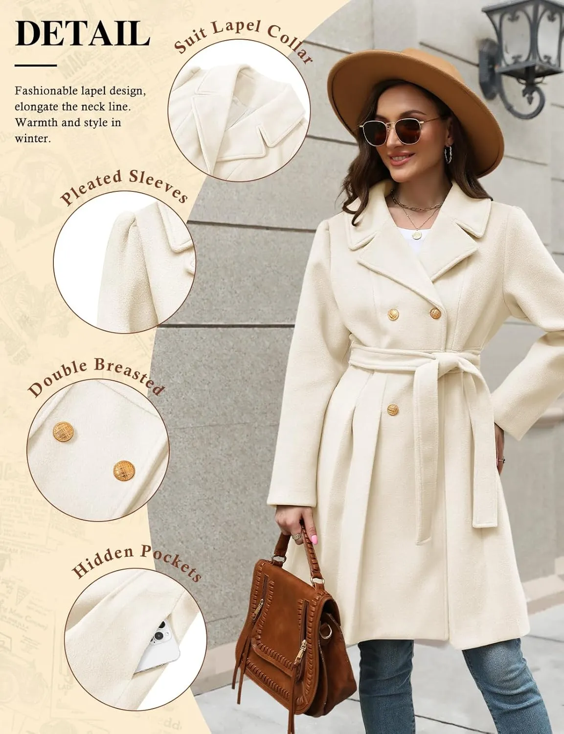 HEEKPEK Womens Wool Blend Trench Coat Slim Double Breasted Notch Lapel Pea Coat Thick A Line Jacket with Pockets(S-XXL)