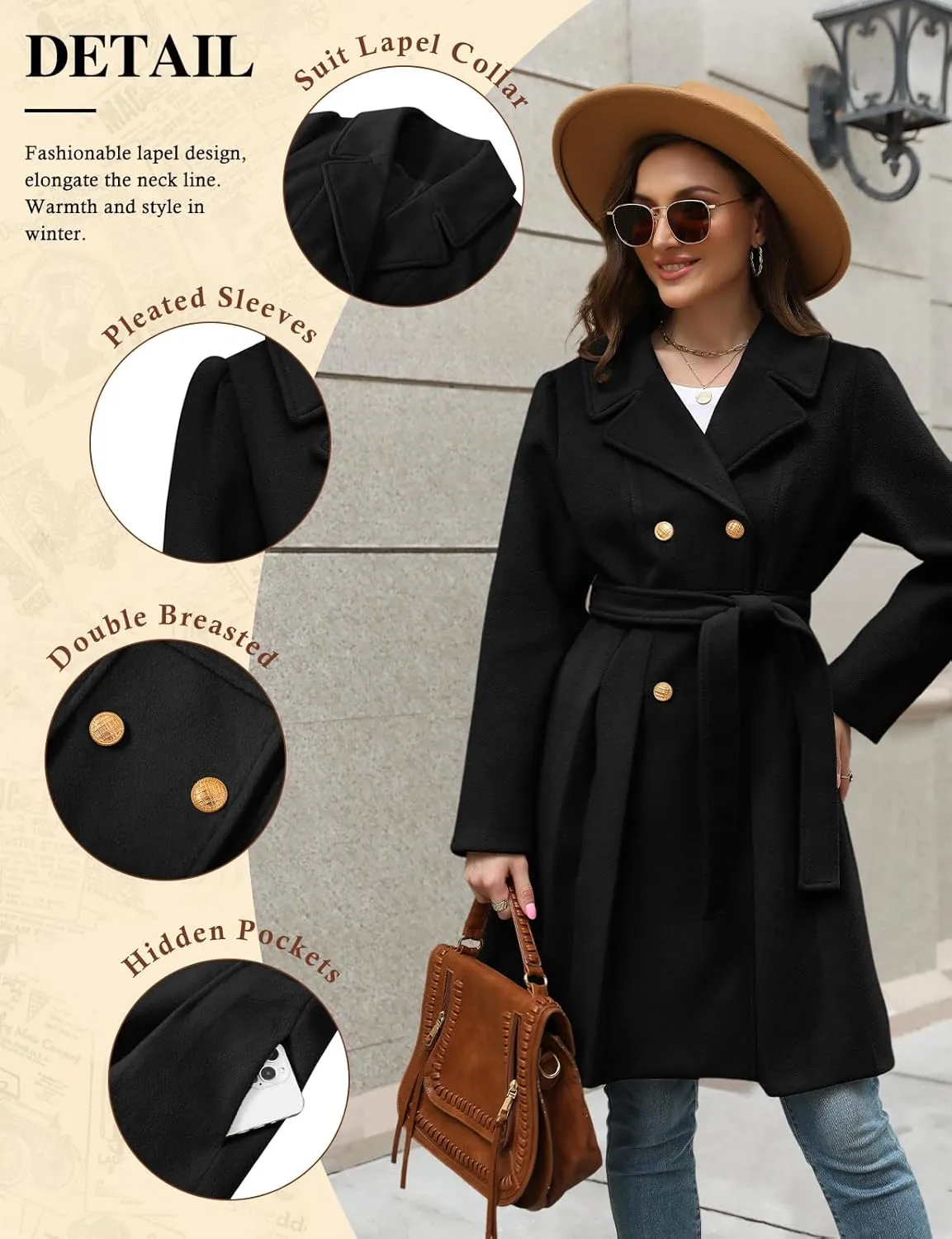HEEKPEK Womens Wool Blend Trench Coat Slim Double Breasted Notch Lapel Pea Coat Thick A Line Jacket with Pockets(S-XXL)