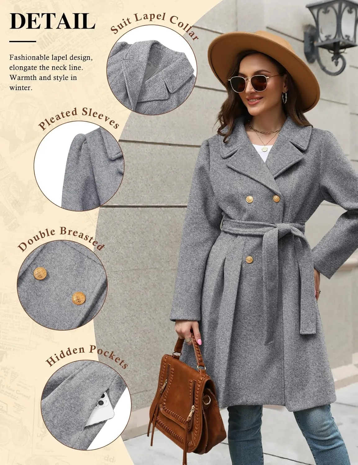 HEEKPEK Womens Wool Blend Trench Coat Slim Double Breasted Notch Lapel Pea Coat Thick A Line Jacket with Pockets(S-XXL)