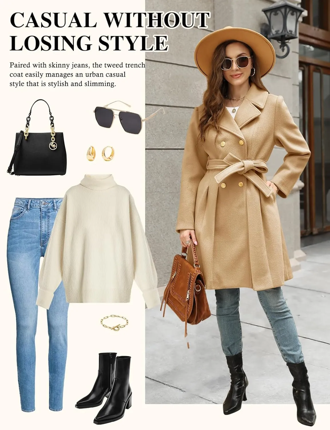 HEEKPEK Womens Wool Blend Trench Coat Slim Double Breasted Notch Lapel Pea Coat Thick A Line Jacket with Pockets(S-XXL)