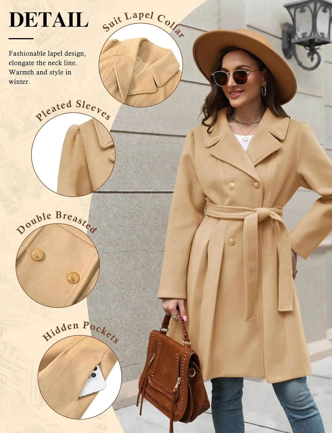 HEEKPEK Womens Wool Blend Trench Coat Slim Double Breasted Notch Lapel Pea Coat Thick A Line Jacket with Pockets(S-XXL)