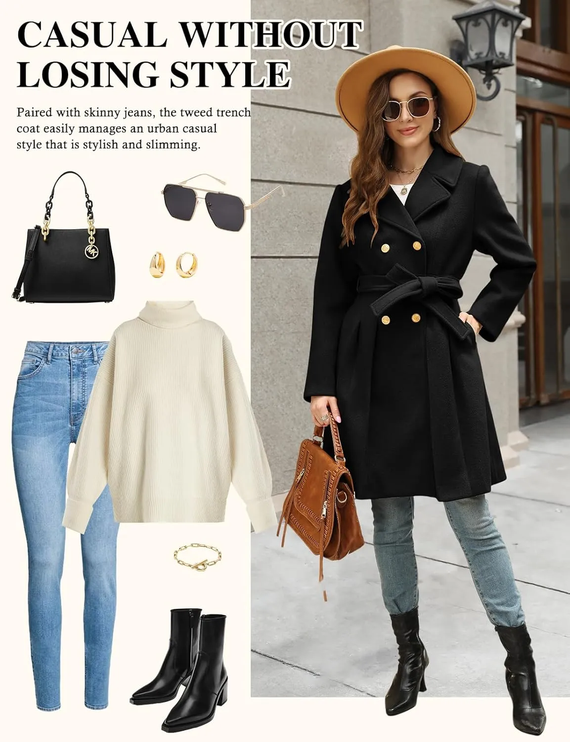 HEEKPEK Womens Wool Blend Trench Coat Slim Double Breasted Notch Lapel Pea Coat Thick A Line Jacket with Pockets(S-XXL)