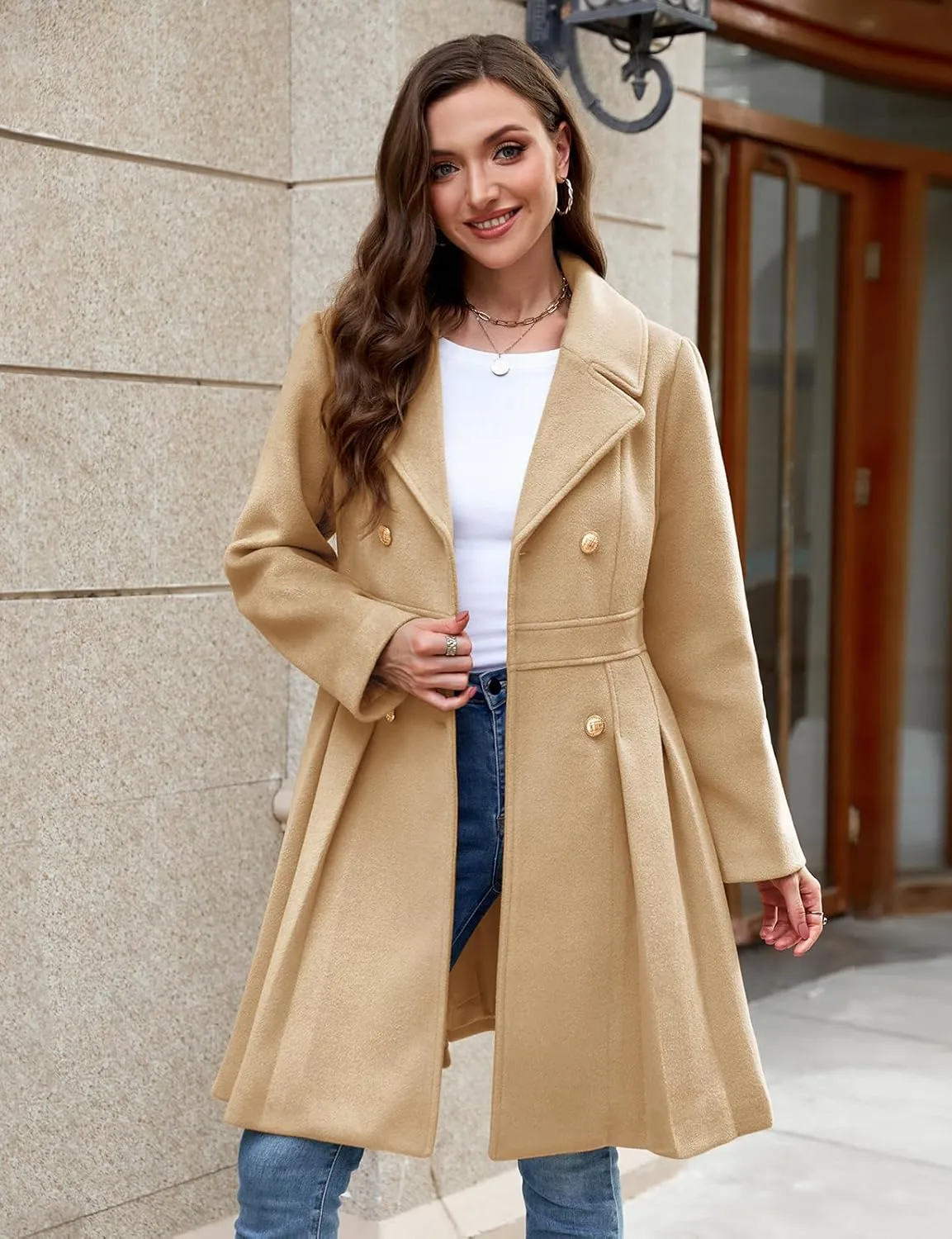 HEEKPEK Womens Wool Blend Trench Coat Slim Double Breasted Notch Lapel Pea Coat Thick A Line Jacket with Pockets(S-XXL)
