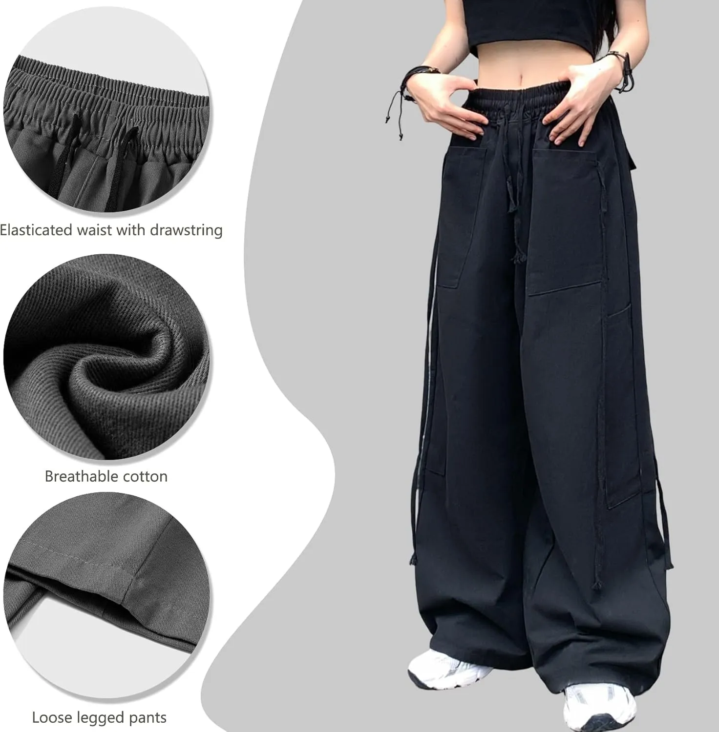 Hewlshawn Women's Pants Baggy Gothic Wide Leg Cargo Casual Trousers Y2k Harajuku Streetwear Loose Punk