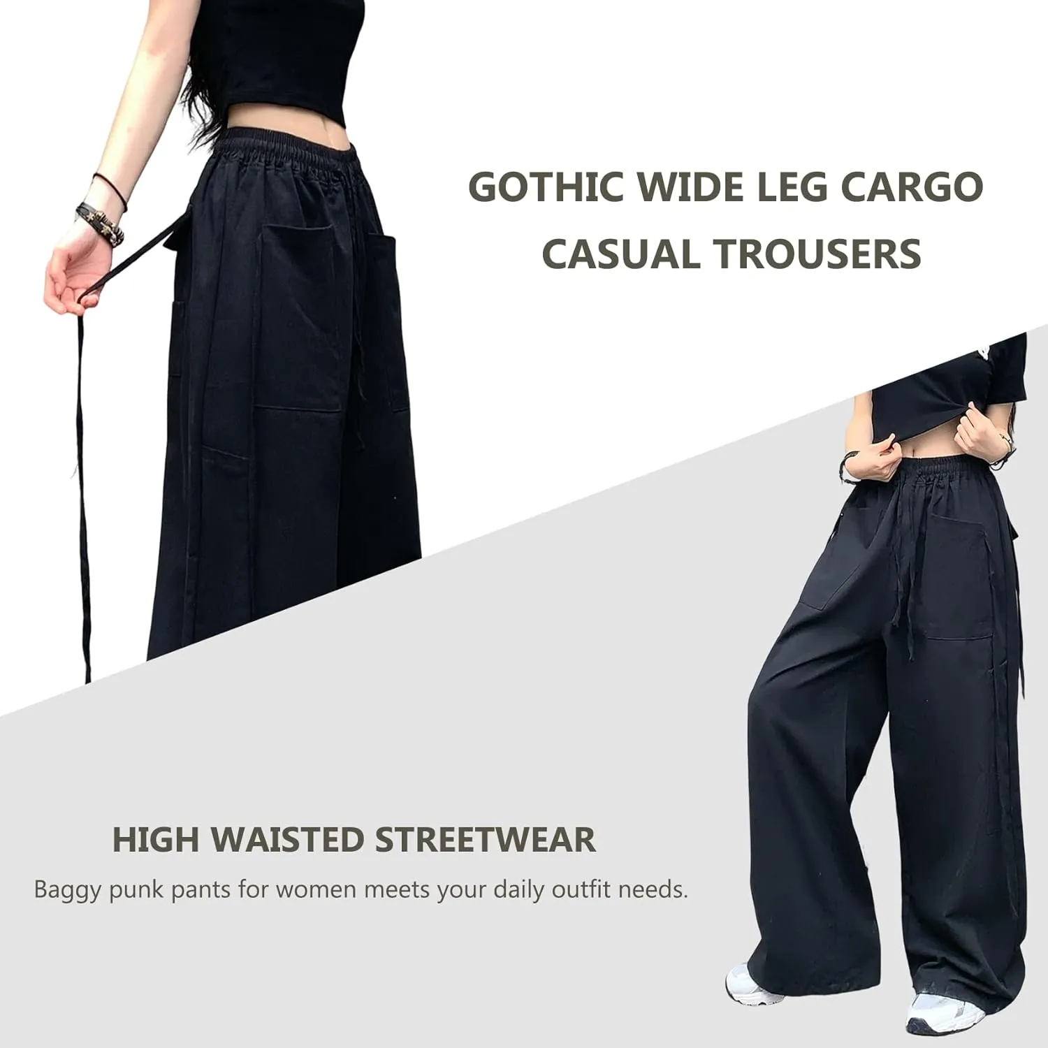 Hewlshawn Women's Pants Baggy Gothic Wide Leg Cargo Casual Trousers Y2k Harajuku Streetwear Loose Punk
