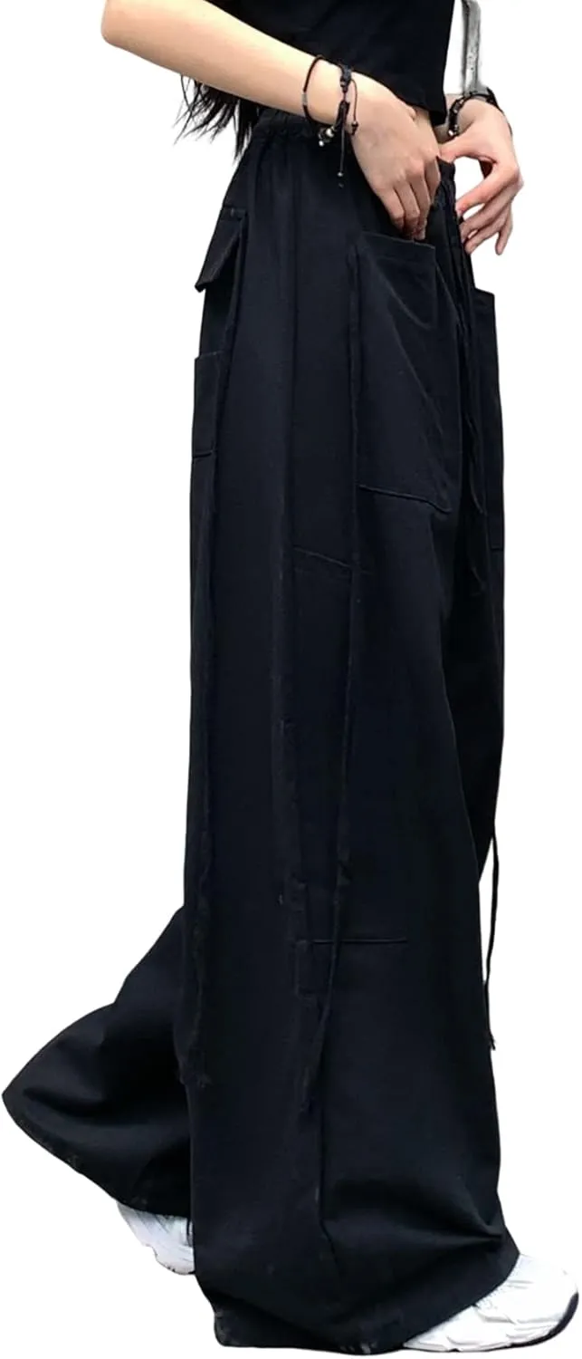 Hewlshawn Women's Pants Baggy Gothic Wide Leg Cargo Casual Trousers Y2k Harajuku Streetwear Loose Punk
