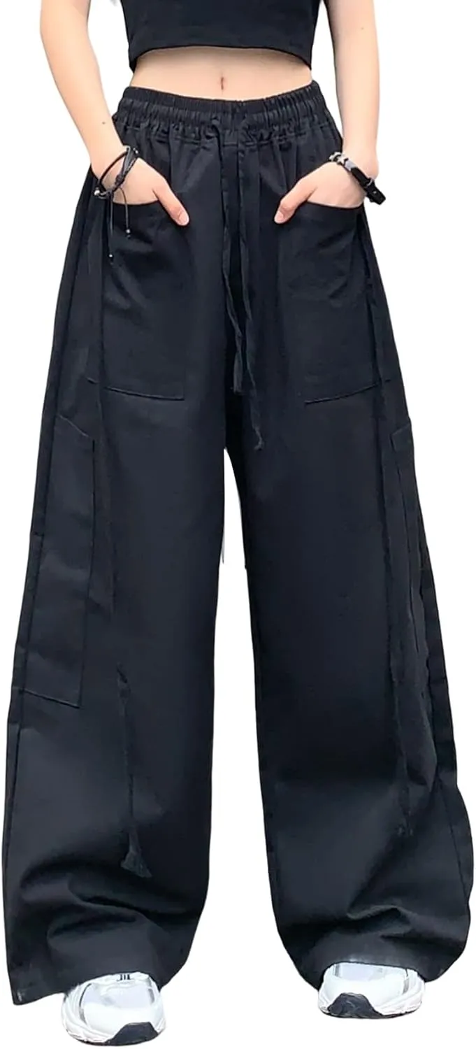 Hewlshawn Women's Pants Baggy Gothic Wide Leg Cargo Casual Trousers Y2k Harajuku Streetwear Loose Punk