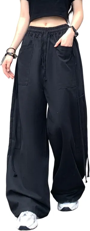 Hewlshawn Women's Pants Baggy Gothic Wide Leg Cargo Casual Trousers Y2k Harajuku Streetwear Loose Punk