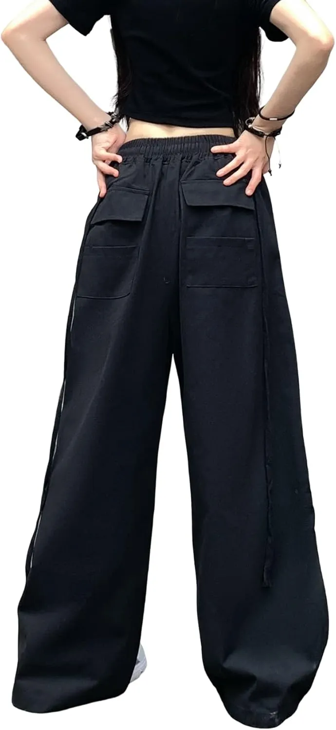 Hewlshawn Women's Pants Baggy Gothic Wide Leg Cargo Casual Trousers Y2k Harajuku Streetwear Loose Punk